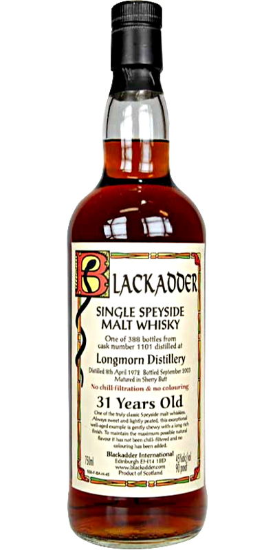 Blackadder Single Cask #1101 (distilled at Longmorn) 1972 Vintage, 31 year old, 45% ABV