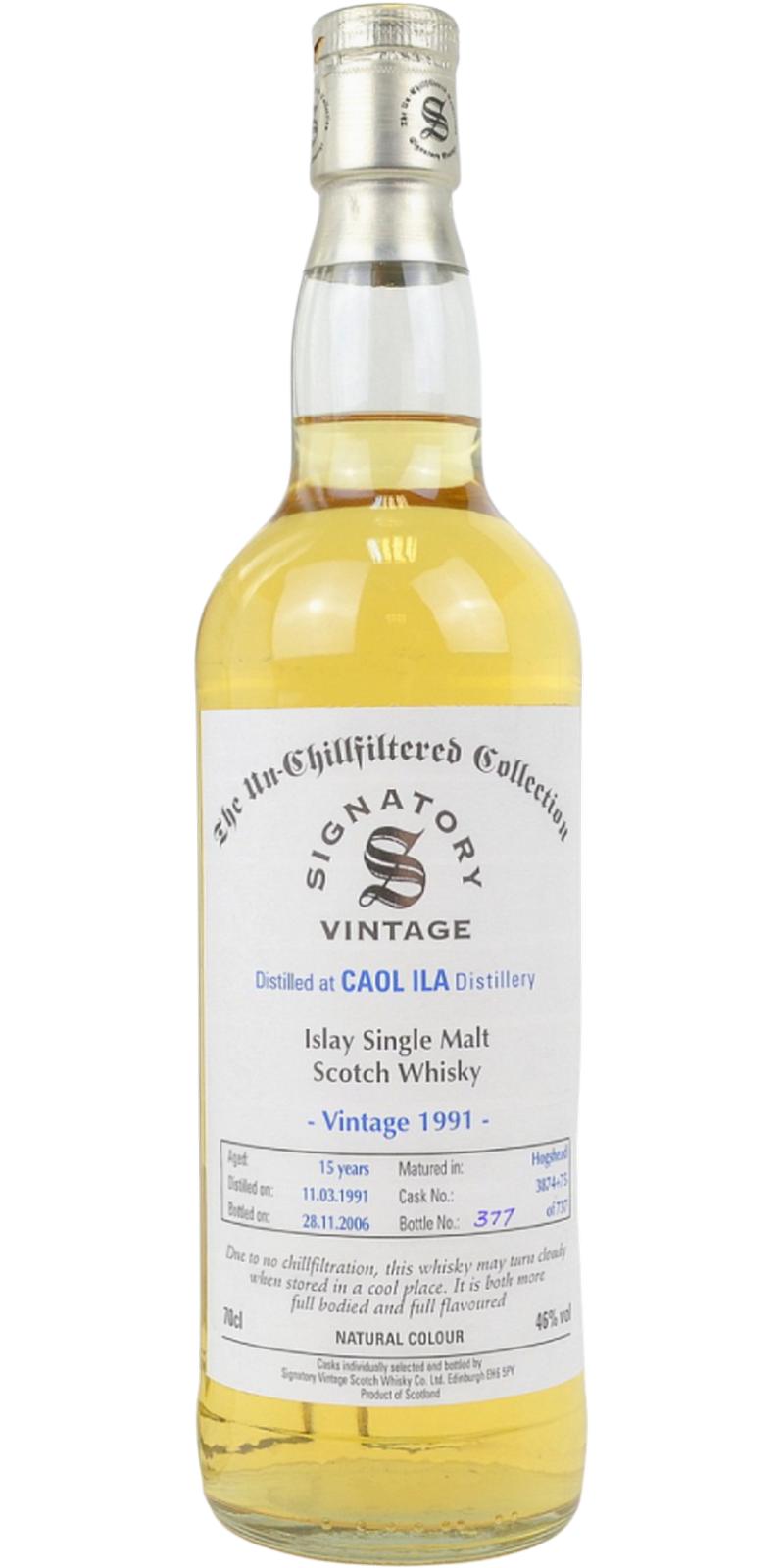 Signatory (distilled at Caol Ila), 15 year old, 1991 vintage, cask #06/324/1&2, 46%